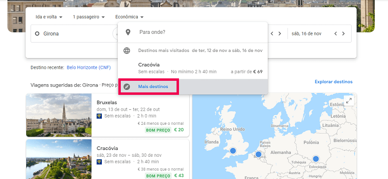 Clicando em "Mais destinos", o Google Flights irá indicar os melhores voos com saída de cada cidade